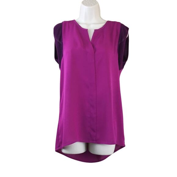 CAbi Campo Fuchsia Pink Split V Neck Popover Tunic Top Mesh Cap Sleeves - Picture 1 of 16